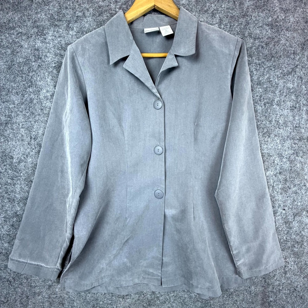Vintage Y2K Anna Shirt‎ Jacket Womens Small Gray Rayon Button Front Camp Collar